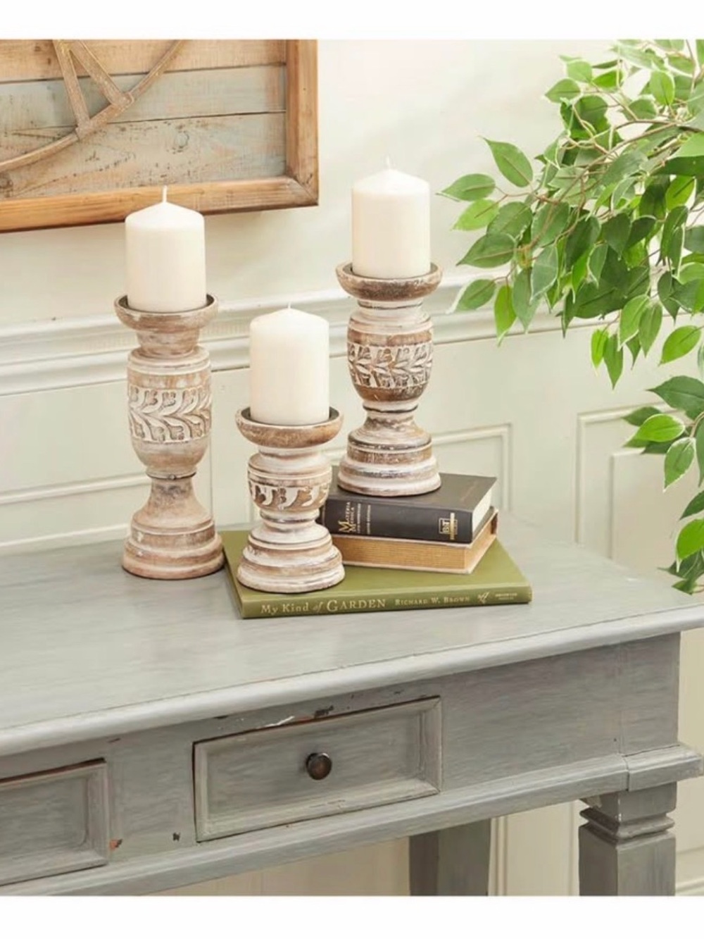 Rustic Distressed Wood Pillar Candle Holders - Set of 3, Cream - Picture 3 of 3